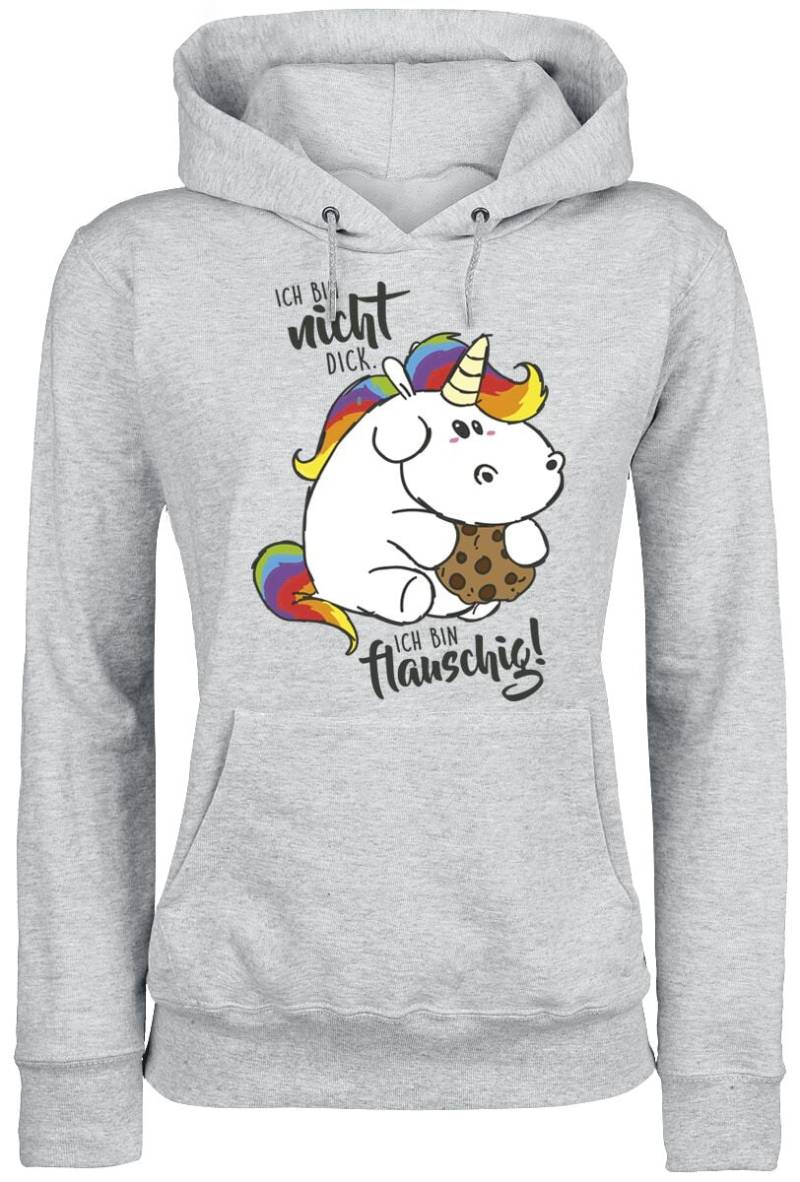 Pummeleinhorn - Einhorn Kapuzenpullover - Ich bin nicht dick. Ich bin flauschig! - XS bis S - für Damen - Größe XS - grau meliert  - EMP exklusives von Pummeleinhorn
