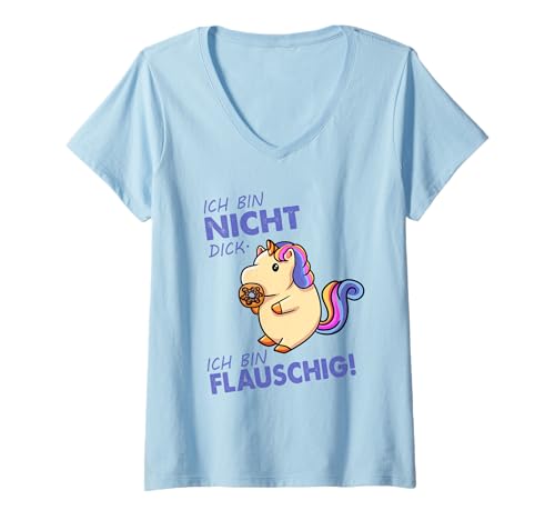 Damen Ich bin nicht dick ich bin FLUFFY DICK Einhorn Donut T-Shirt mit V-Ausschnitt von Pummeliges Einhorn isst Donut Outfit