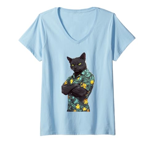 Damen Muskulöse schwarze Katze trägt ein cooles hawaiianisches T-Shirt für den Sommer T-Shirt mit V-Ausschnitt von Pumped-up Black Cat Hawaiin shirts Summer Colors