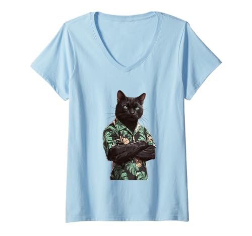 Damen Muskulöse schwarze Katze trägt ein cooles hawaiianisches T-Shirt für den Sommer T-Shirt mit V-Ausschnitt von Pumped-up Black Cat Hawaiin shirts Summer Colors