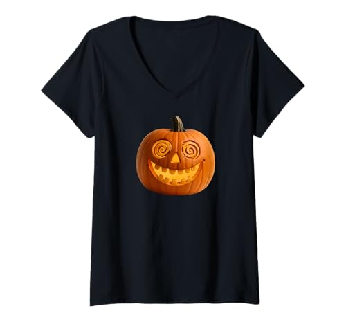Damen Hypno Jack-O-Lantern Halloween - Lustiger Spiralaugen-Kürbis T-Shirt mit V-Ausschnitt Damen Hypno Jack-O-Lantern Halloween - Lustiger Spiralaugen-Kürbis T-Shirt mit V-Ausschnitt von Pumpk'd Up Threads