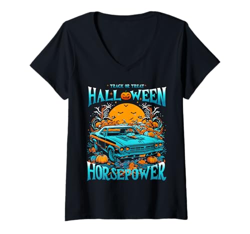 Damen Halloween Muskelauto Retro Szene Voller Kürbisse T-Shirt mit V-Ausschnitt Damen Halloween Muskelauto Retro Szene Voller Kürbisse T-Shirt mit V-Ausschnitt von Pumpkin Auto Horror Nacht Fahrer Fan