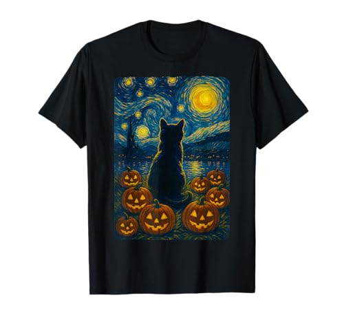 Kürbis Schwarze Katze Halloween Van Gogh Sternennacht Männer Frauen T-Shirt von Pumpkin Black Cat Halloween Ades