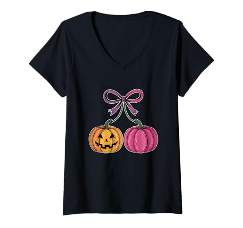 Damen Kürbis Kirschen Kokette Herbst Halloween Herren Damen Kinder T-Shirt mit V-Ausschnitt von Pumpkin Cherries Coquette Autumn Halloween