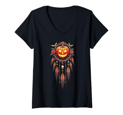 Damen Halloween Spooky Pumpkin Dreamcatcher Halloween Costume T-Shirt mit V-Ausschnitt von Pumpkin Dreamcatcher & Boho Halloween Love Shop