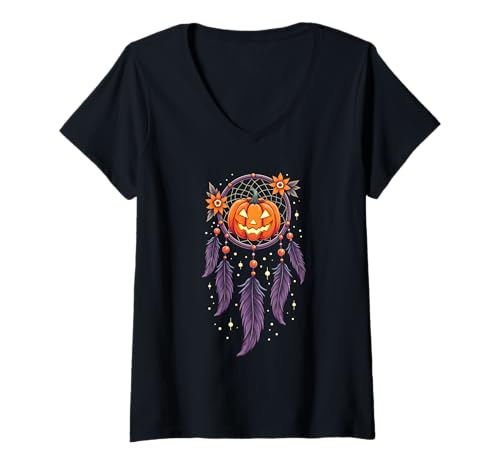Damen Halloween Spooky Kürbis Traumfänger Halloween Kostüm T-Shirt mit V-Ausschnitt von Pumpkin Dreamcatcher & Boho Halloween Lovee Shop