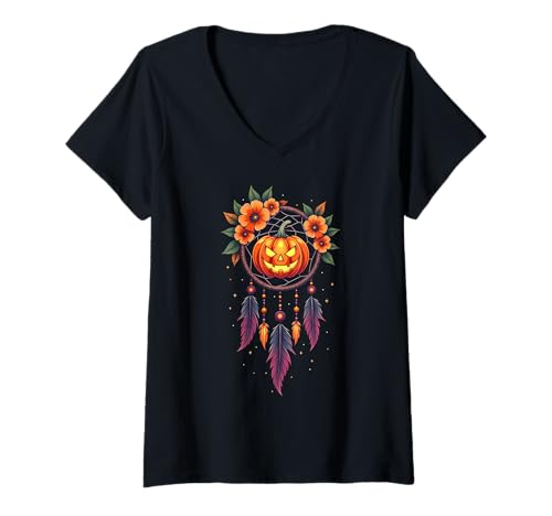 Damen Halloween Spooky Kürbis Traumfänger Halloween Kostüm T-Shirt mit V-Ausschnitt Damen Halloween Spooky Kürbis Traumfänger Halloween Kostüm T-Shirt mit V-Ausschnitt von Pumpkin Dreamcatcher & Boho Halloween Lovee Shop