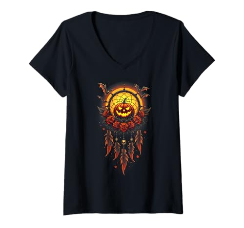 Damen Halloween Spooky Kürbis Traumfänger Halloween Kostüm T-Shirt mit V-Ausschnitt Damen Halloween Spooky Kürbis Traumfänger Halloween Kostüm T-Shirt mit V-Ausschnitt von Pumpkin Dreamcatcher & Boho Halloween Lovee Shop