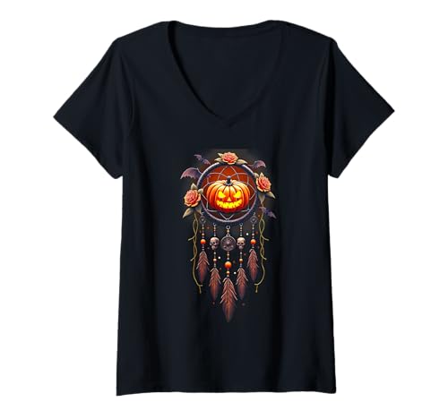 Damen Halloween Spooky Kürbis Traumfänger Halloween Kostüm T-Shirt mit V-Ausschnitt von Pumpkin Dreamcatcher & Boho Halloween Lovee Shop