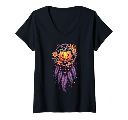 Damen Halloween Spooky Kürbis Traumfänger Halloween Kostüm T-Shirt mit V-Ausschnitt Damen Halloween Spooky Kürbis Traumfänger Halloween Kostüm T-Shirt mit V-Ausschnitt von Pumpkin Dreamcatcher & Boho Halloween Lovee Shop