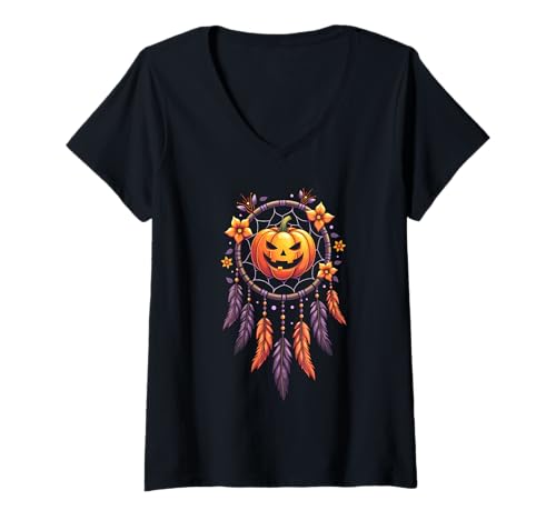 Damen Halloween Spooky Kürbis Traumfänger Halloween Kostüm T-Shirt mit V-Ausschnitt Damen Halloween Spooky Kürbis Traumfänger Halloween Kostüm T-Shirt mit V-Ausschnitt von Pumpkin Dreamcatcher & Boho Halloween Lovee Shop