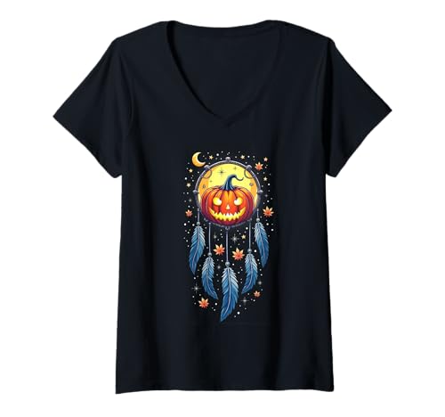 Damen Halloween Spooky Kürbis Traumfänger Halloween Kostüm T-Shirt mit V-Ausschnitt Damen Halloween Spooky Kürbis Traumfänger Halloween Kostüm T-Shirt mit V-Ausschnitt von Pumpkin Dreamcatcher & Boho Halloween Lovee Shop