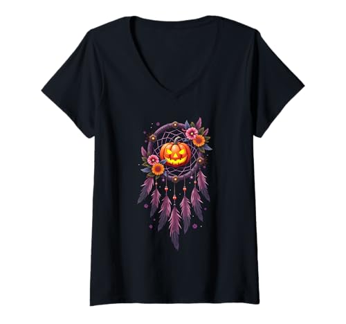 Damen Halloween Spooky Kürbis Traumfänger Halloween Kostüm T-Shirt mit V-Ausschnitt Damen Halloween Spooky Kürbis Traumfänger Halloween Kostüm T-Shirt mit V-Ausschnitt von Pumpkin Dreamcatcher & Boho Halloween Lovee Shop