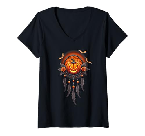 Damen Halloween Spooky Kürbis Traumfänger Halloween Kostüm T-Shirt mit V-Ausschnitt Damen Halloween Spooky Kürbis Traumfänger Halloween Kostüm T-Shirt mit V-Ausschnitt von Pumpkin Dreamcatcher & Boho Halloween Lovee Shop