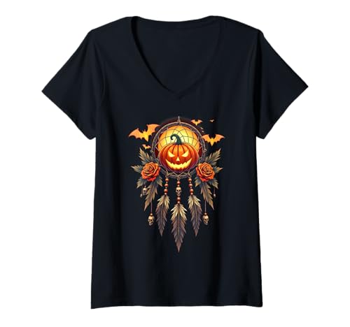 Damen Halloween Spooky Kürbis Traumfänger Halloween Kostüm T-Shirt mit V-Ausschnitt Damen Halloween Spooky Kürbis Traumfänger Halloween Kostüm T-Shirt mit V-Ausschnitt von Pumpkin Dreamcatcher & Boho Halloween Lovee Shop