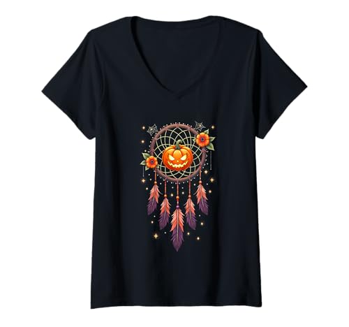 Damen Halloween Spooky Kürbis Traumfänger Halloween Kostüm T-Shirt mit V-Ausschnitt von Pumpkin Dreamcatcher & Boho Halloween Lovee Shop