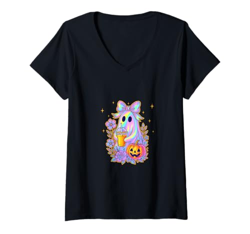 Damen Kürbis Drink Ghost Shirt Cute Floral Fall Halloween Fun T-Shirt mit V-Ausschnitt Damen Kürbis Drink Ghost Shirt Cute Floral Fall Halloween Fun T-Shirt mit V-Ausschnitt von Pumpkin Drink Ghost Tee Shirts for Halloween Girls