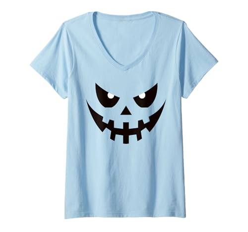 Damen Lustiges Kürbisgesicht Herbst Halloween Kostüm Herren Damen Junge Mädchen T-Shirt mit V-Ausschnitt von Pumpkin Face Shopp