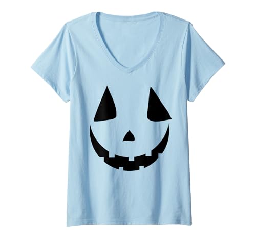 Damen Lustiges Kürbisgesicht Herbst Halloween Kostüm Herren Damen Junge Mädchen T-Shirt mit V-Ausschnitt von Pumpkin Face Shopp