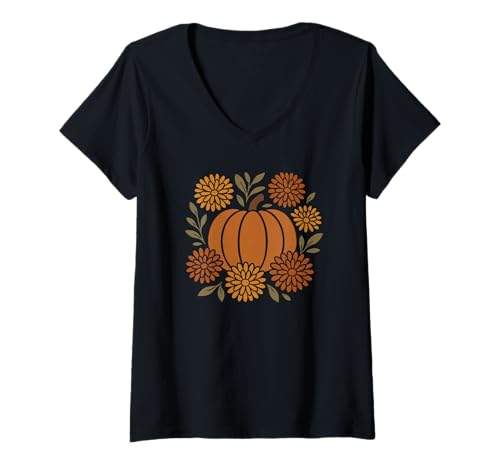Damen Kürbis Herbst Blumen Herbst Blätter Thanksgiving Boho Grafik T-Shirt mit V-Ausschnitt von Pumpkin Fall Floral Autumn Harvest Thanksgiving