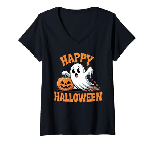 Damen Kürbis Ghost Shirt Cute Halloween Trick Treat Spirit T-Shirt mit V-Ausschnitt Damen Kürbis Ghost Shirt Cute Halloween Trick Treat Spirit T-Shirt mit V-Ausschnitt von Pumpkin Ghost Tee Shirts for Halloween Kids