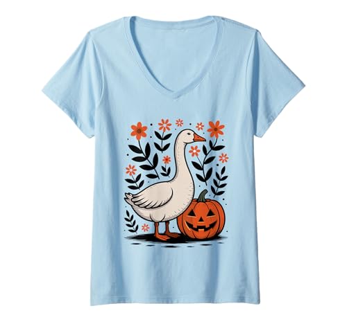Damen Niedlicher alberner Gänse-Kürbis Vintage Floral Boho Halloween Herbst T-Shirt mit V-Ausschnitt Damen Niedlicher alberner Gänse-Kürbis Vintage Floral Boho Halloween Herbst T-Shirt mit V-Ausschnitt von Pumpkin Honk