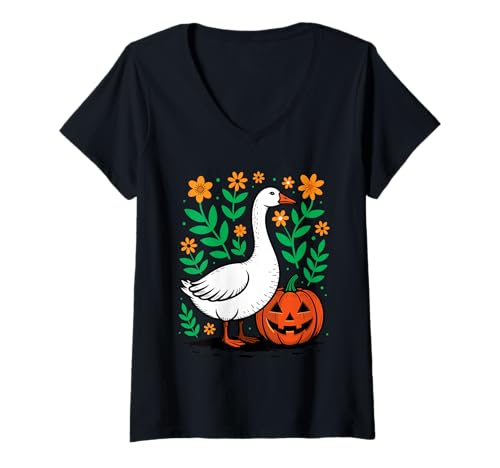 Damen Niedlicher alberner Gänse-Kürbis Vintage Floral Boho Halloween Herbst T-Shirt mit V-Ausschnitt Damen Niedlicher alberner Gänse-Kürbis Vintage Floral Boho Halloween Herbst T-Shirt mit V-Ausschnitt von Pumpkin Honk