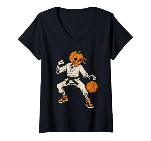 Damen Lustiger Halloween Karate Skelett Basketball Fan Humor T-Shirt mit V-Ausschnitt von Pumpkin Karate Basketball Fun
