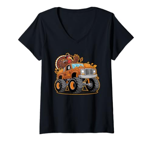 Damen Thanksgiving Turkey Monster Truck Cartoon Für Kinder T-Shirt mit V-Ausschnitt von Pumpkin Leaf Fall Truck Pilgrim Turkey Joyful