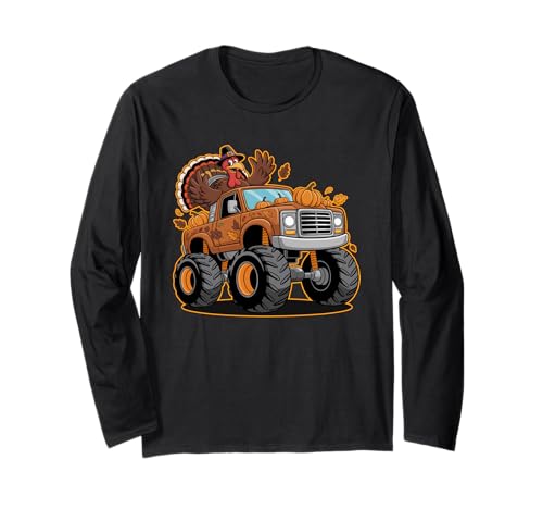Thanksgiving Turkey Monster Truck Cartoon Für Kinder Langarmshirt von Pumpkin Leaf Fall Truck Pilgrim Turkey Joyful