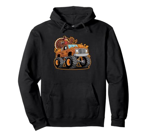Thanksgiving Turkey Monster Truck Cartoon Für Kinder Pullover Hoodie von Pumpkin Leaf Fall Truck Pilgrim Turkey Joyful