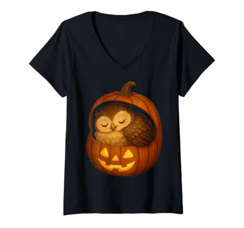 Damen Schlafende Eule im Kürbis Cozy Autumn Jack-O'-Lantern Art T-Shirt mit V-Ausschnitt Damen Schlafende Eule im Kürbis Cozy Autumn Jack-O'-Lantern Art T-Shirt mit V-Ausschnitt von Pumpkin Nest