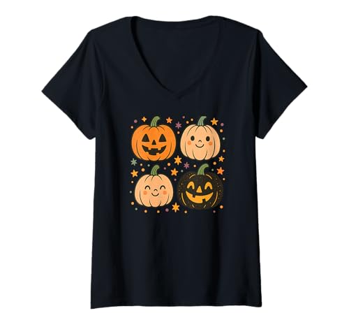 Damen Niedliches, buntes Kürbis-Halloween-Design T-Shirt mit V-Ausschnitt Damen Niedliches, buntes Kürbis-Halloween-Design T-Shirt mit V-Ausschnitt von Pumpkin Patch Apparel
