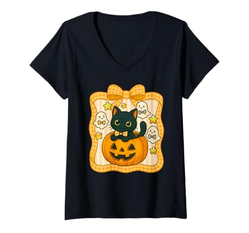 Damen Schwarzes Kätzchen in Kürbis mit niedlichen Geistern und Sternen T-Shirt mit V-Ausschnitt von Pumpkin Patch Parade