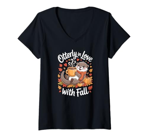 Damen Otterly Verliebt in den Herbst, niedliche Otter-Herbstblätter T-Shirt mit V-Ausschnitt von Pumpkin Patch Pun Apparel Gifts by Anastasia