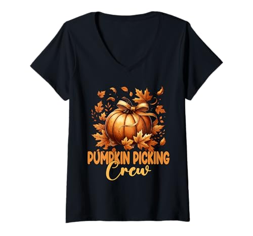 Damen Pumpkin Picking Crew Herbst Kürbis Picking Patch Thanksgiving T-Shirt mit V-Ausschnitt Damen Pumpkin Picking Crew Herbst Kürbis Picking Patch Thanksgiving T-Shirt mit V-Ausschnitt von Pumpkin Picking Crew Thanksgiving Funny Outfits