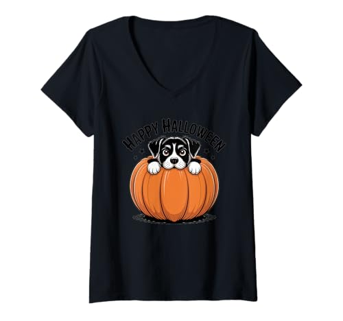 Damen Kürbis Welpenshirt Niedlicher Halloween Hund in Kürbiskunst T-Shirt mit V-Ausschnitt Damen Kürbis Welpenshirt Niedlicher Halloween Hund in Kürbiskunst T-Shirt mit V-Ausschnitt von Pumpkin Puppy Tee Shirts for Dog Lovers
