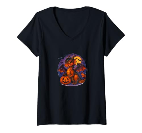 Damen Halloween-Drache bereit für Süßes oder Saures gruseligen Spaß T-Shirt mit V-Ausschnitt von Pumpkin Scales Emporium