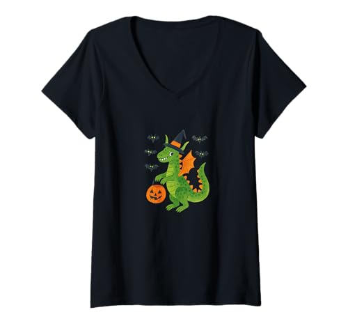 Damen Halloween-Drache bereit für Süßes oder Saures gruseligen Spaß T-Shirt mit V-Ausschnitt von Pumpkin Scales Emporiums