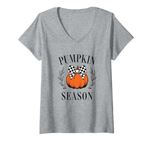 Damen Kokette karierte Schleife Kürbis Saison Herbst Geschenk T-Shirt mit V-Ausschnitt Damen Kokette karierte Schleife Kürbis Saison Herbst Geschenk T-Shirt mit V-Ausschnitt von Pumpkin Seaso T-Shirt Co.