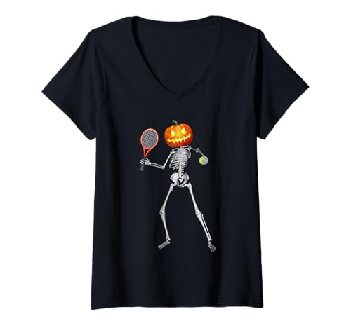 Damen Kürbis-Skelett spielt Tennis passend zu Halloween T-Shirt mit V-Ausschnitt von Pumpkin Skeleton Playing Tennis Halloween