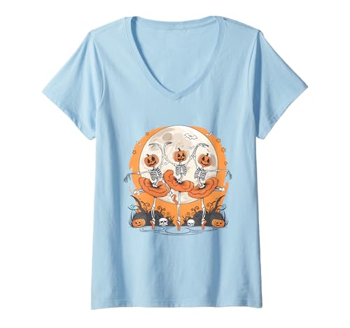 Damen Ballett Skelett Ballerina Halloween Gruseltanz Frauen Mädchen T-Shirt mit V-Ausschnitt Damen Ballett Skelett Ballerina Halloween Gruseltanz Frauen Mädchen T-Shirt mit V-Ausschnitt von Pumpkin Skeletons Spooky Ballet Costume