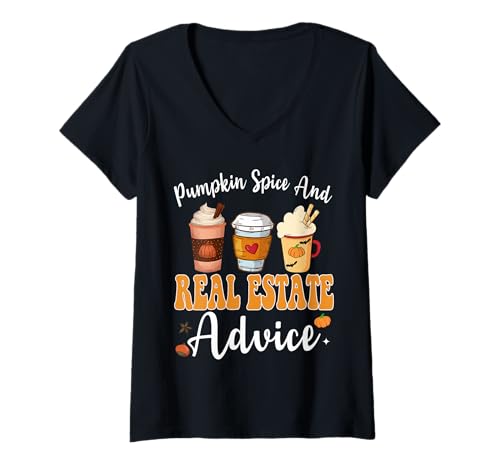 Damen Kürbisgewürz und Immobilienberatung Lustiger Immobilienfall T-Shirt mit V-Ausschnitt von Pumpkin Spice And Real Estate Funny Halloween tees