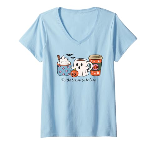 Damen Halloween Kaffee Shirt Geist Kürbis Gewürz Gemütlich Herbst Herbst T-Shirt mit V-Ausschnitt Damen Halloween Kaffee Shirt Geist Kürbis Gewürz Gemütlich Herbst Herbst T-Shirt mit V-Ausschnitt von Pumpkin Spice Autumn Coffee Vibes Cozy Fall Shirts