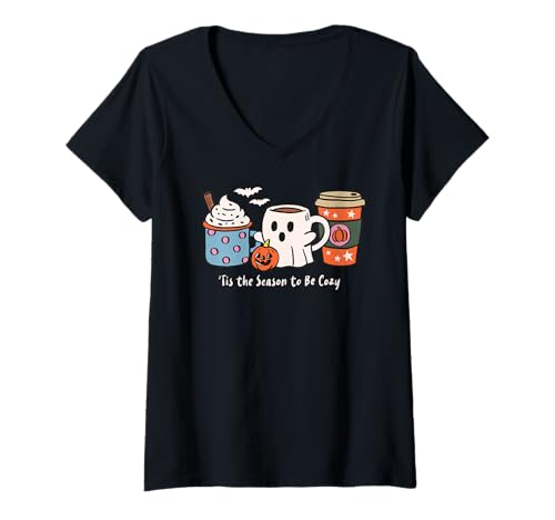 Damen Halloween Kaffee Shirt Geist Kürbis Gewürz Gemütlich Herbst Herbst T-Shirt mit V-Ausschnitt Damen Halloween Kaffee Shirt Geist Kürbis Gewürz Gemütlich Herbst Herbst T-Shirt mit V-Ausschnitt von Pumpkin Spice Autumn Coffee Vibes Cozy Fall Shirts