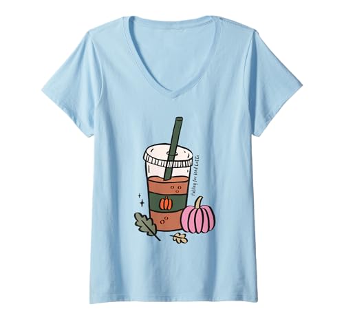 Damen Iced Latte Pumpkin Spice Herbst Kaffee Shirt Herbst Drink Cozy T-Shirt mit V-Ausschnitt Damen Iced Latte Pumpkin Spice Herbst Kaffee Shirt Herbst Drink Cozy T-Shirt mit V-Ausschnitt von Pumpkin Spice Autumn Coffee Vibes Cozy Fall Shirts