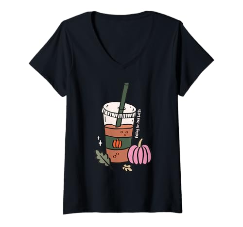 Damen Iced Latte Pumpkin Spice Herbst Kaffee Shirt Herbst Drink Cozy T-Shirt mit V-Ausschnitt Damen Iced Latte Pumpkin Spice Herbst Kaffee Shirt Herbst Drink Cozy T-Shirt mit V-Ausschnitt von Pumpkin Spice Autumn Coffee Vibes Cozy Fall Shirts