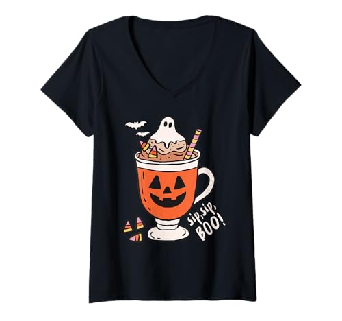 Damen Sip Sip Boo Ghost Hot Kakao Halloween Kürbis Tasse Lustig Niedlich T-Shirt mit V-Ausschnitt Damen Sip Sip Boo Ghost Hot Kakao Halloween Kürbis Tasse Lustig Niedlich T-Shirt mit V-Ausschnitt von Pumpkin Spice Autumn Coffee Vibes Cozy Fall Shirts