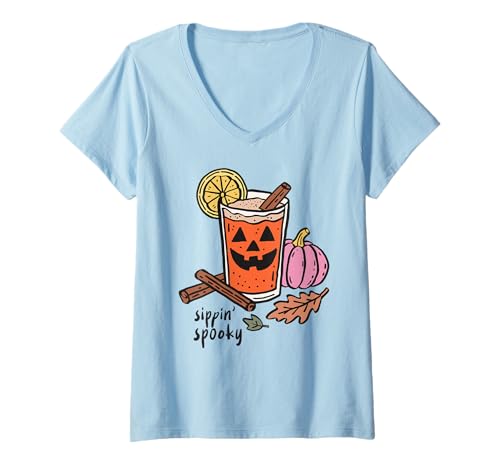 Damen Sippin Gruseliges Halloween-Kürbis-Getränke-Shirt, lustige Herbst-Party T-Shirt mit V-Ausschnitt Damen Sippin Gruseliges Halloween-Kürbis-Getränke-Shirt, lustige Herbst-Party T-Shirt mit V-Ausschnitt von Pumpkin Spice Autumn Coffee Vibes Cozy Fall Shirts