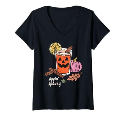 Damen Sippin Gruseliges Halloween-Kürbis-Getränke-Shirt, lustige Herbst-Party T-Shirt mit V-Ausschnitt von Pumpkin Spice Autumn Coffee Vibes Cozy Fall Shirts